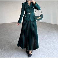 Elegant Women's Two Pieces Set Single-breasted Lapel Large Size Coat Belt Pleated Midi Skirt Suit 2025 Lady New In Matching Sets