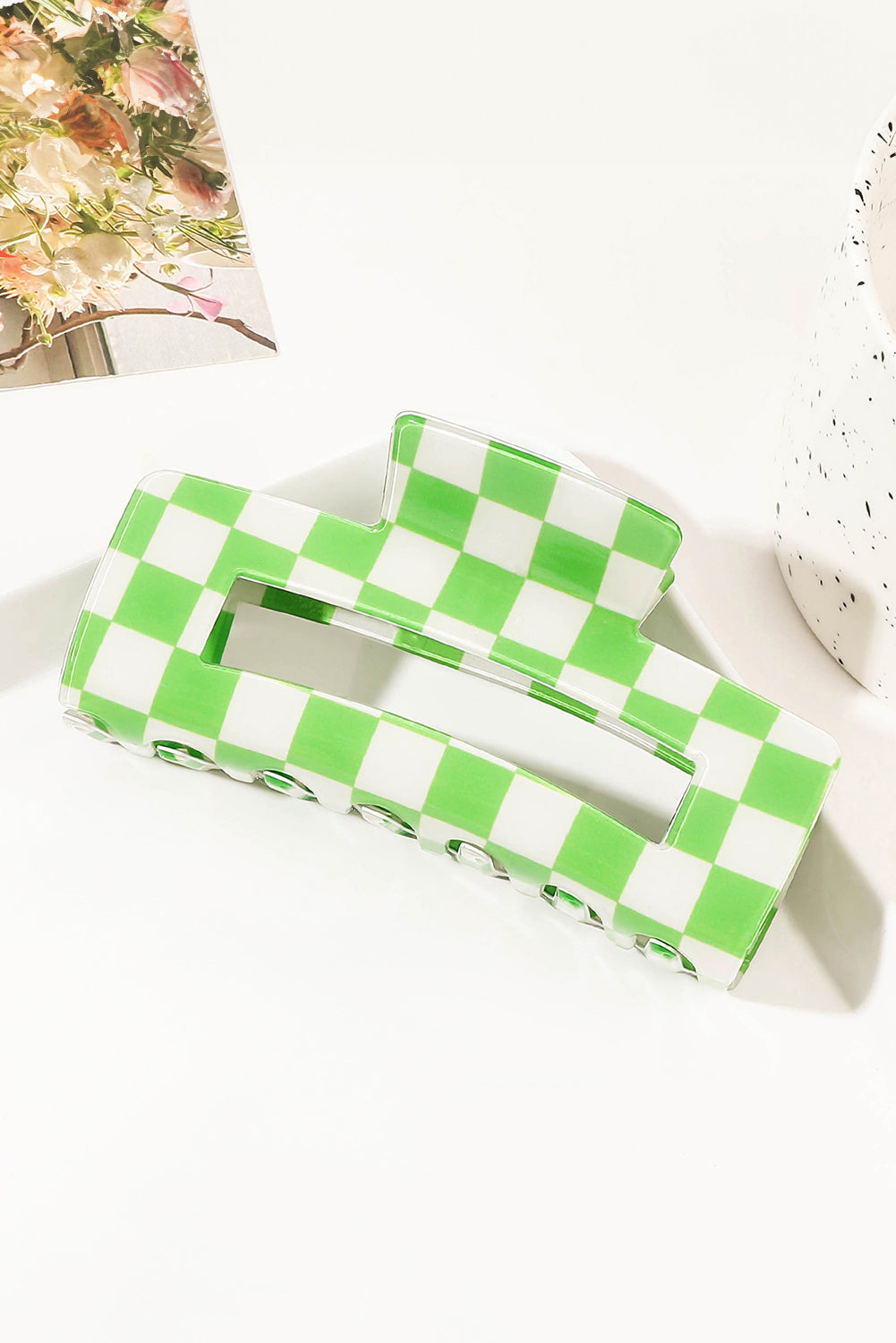 Light Green Checkered Print Hollow Out Hair Clip