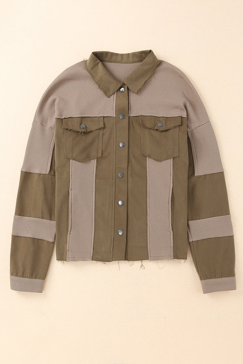 Brown Ripped Seam Detail Button Up Waffle Knit Jacket