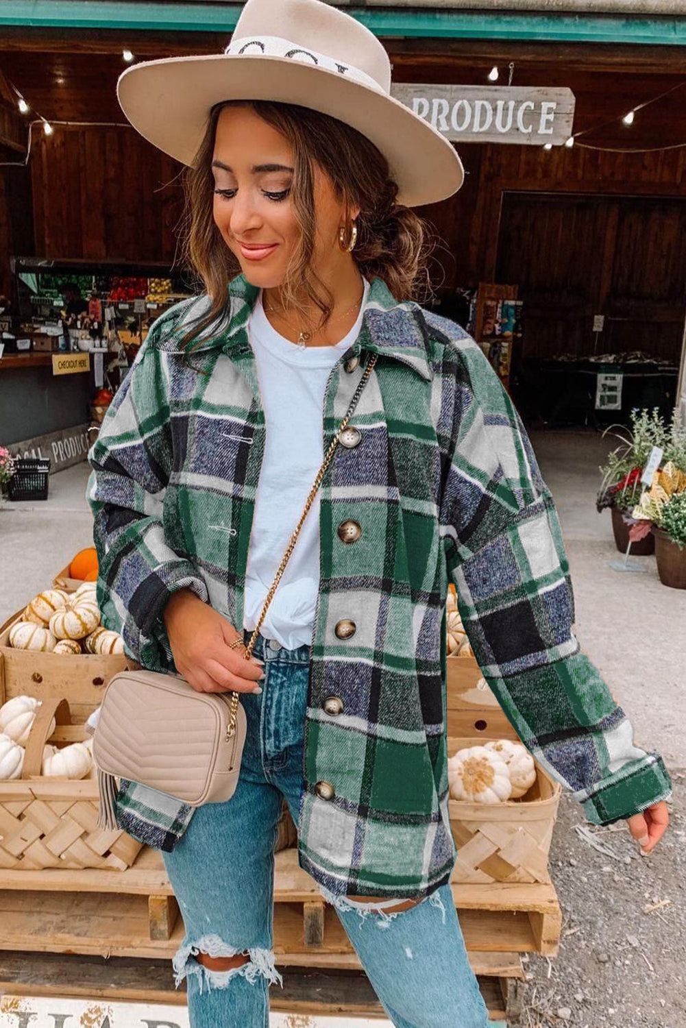 Green Plaid Print Buttoned Shirt Jacket