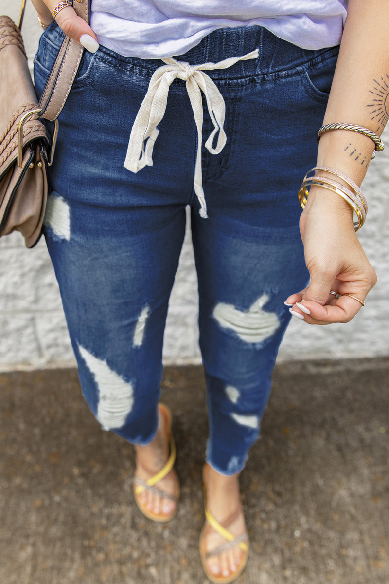 Blue Drawstring Elastic Waist Hole Ripped Jeans