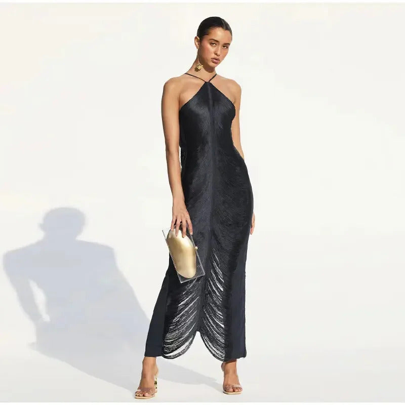 Sexy Tassel Back Slit Halter Evening Dress Women Solid Off Shoulder Sleeveless Long Dress Female Chic Evening Party Vestidos