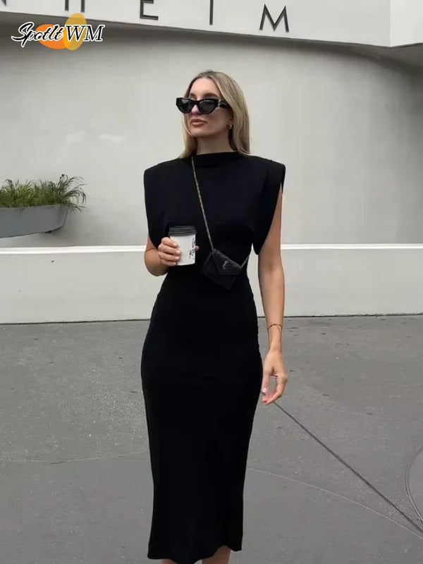 Elegant Sleeveless Slim Black Long Dress For Women Fashion Shoulder Pad Bodycon Midi Dress New Party Club Woman Clothing Gowns