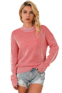 Striped Print Ribbed Trim Round Neck Sweater