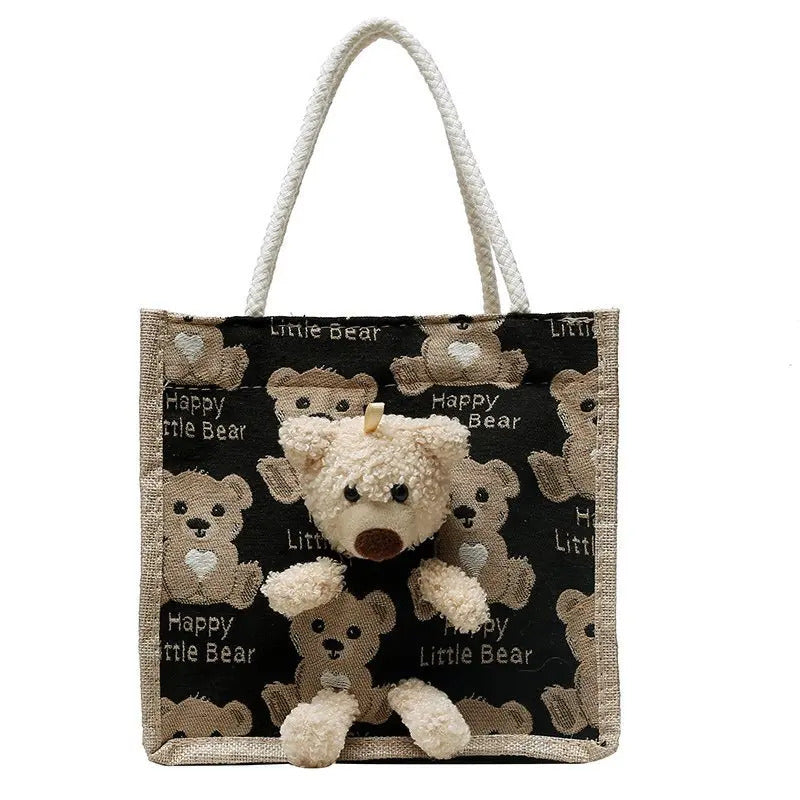 Cute Bear Tote Bag Canvas Girls Bag Student Coin Purse Gift Bag Simple Fashion Canvas Bag Canvas Bag Hand Shopping Tote Bag-ll