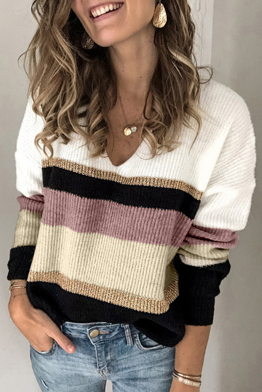 Brown Casual Color-Block Striped Long Sleeve V Neck Sweater