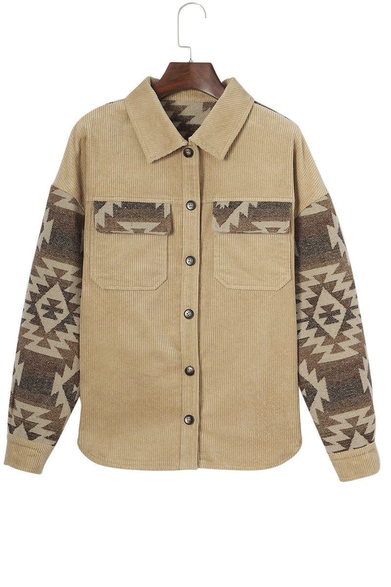 Khaki Aztec Print Patchwork Frayed Edge Corduroy Jacket