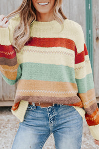 Crew Neck Drop-shoulder Striped Color Block Sweater