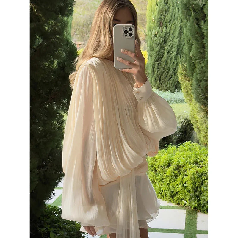 Chic Ruffle Hem Mini Dress O Neck Lace Up Loose Blouse Dresses Lantern Sleeve Solid Chiffon Vestidos 2025 New Lady Spring Gown