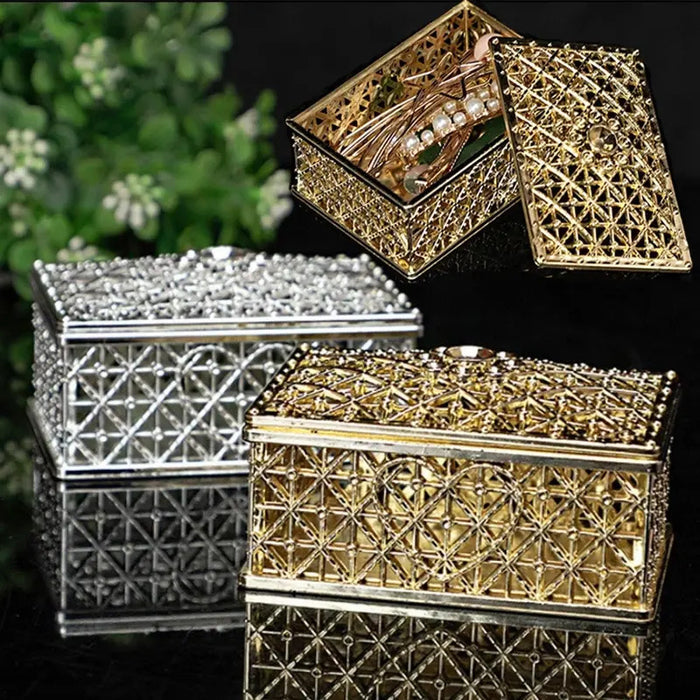 2 PCs Mini Treasure Storage Jewelry Box Silver-color Hollow Flower Pattern Jewelry Case Boxes for Necklace Earring Ring