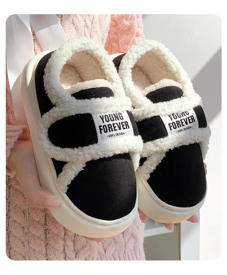 Warm Cotton Slippers Women Men Winter Platform Shoes Soft Plush Thick Sole Couples Indoor Home Floor Footwear With Heels