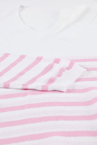 Pink Striped V Neck Long Sleeve Sweater