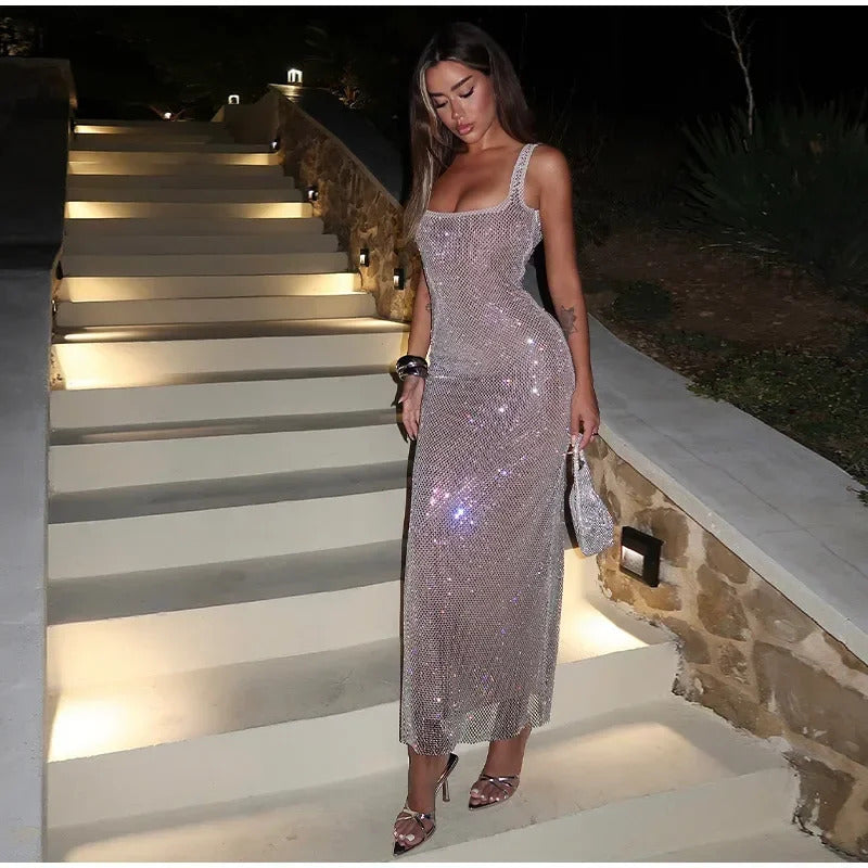 Women Chic Sequin Glitter Long Sling Dress Sexy Slim Sleeveless Backless Maxi Dresses Lady Fashion Elegant Party Evening Robes