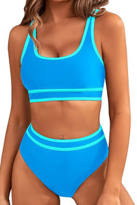 Light Blue Contrast Trimmed U Neck High Waist Bikini