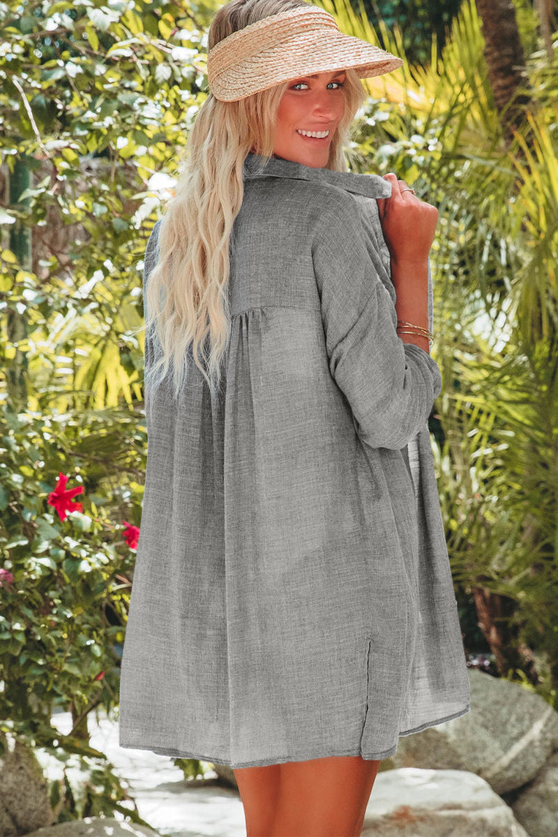 Gray Lightweight Shirt Style Beach Cover Up