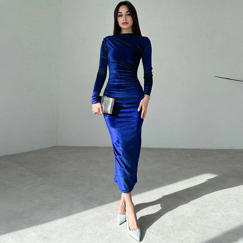 Dulzura Velvet Solid Midi Dress Long Sleeves 2023 Autumn Winter Women'S Outfits Sexy Wholesale Drop Shipping Clubwear Birthday