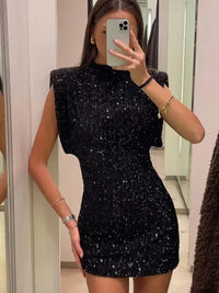 2024 New Fashion Sequin Mini Dress for Women Elegant O-Neck Fly Sleeve Shiny Short Dress Female Chic Club Evening Party Vestidos