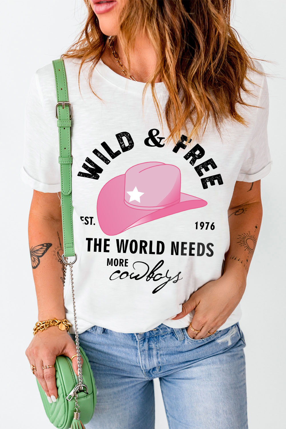 White WILD&FREE Cowboys Fashion Graphic Tee