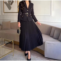 Elegant Women's Two Pieces Set Single-breasted Lapel Large Size Coat Belt Pleated Midi Skirt Suit 2025 Lady New In Matching Sets