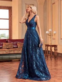 Lucyinlove Luxury Sexy Deep V-Neck Sequins Blue Evening Dresses Women Elegant V-back Wedding Party Long Prom Cocktail Dress