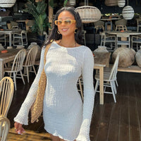 wsevypo Backless Bandage White Beach Dress 2022 New Holiday Casual Streetwear Women Long Sleeve O-Neck Wrap Short Dresses