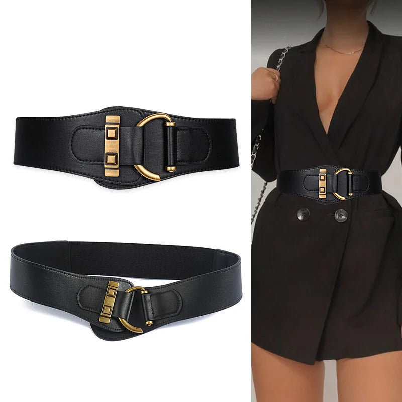 1pc Metal Buckle Wide Belt Elegant Elastic PU Girdle Women Trend, Elegant Lightweight Design for Dresses, Coats, and Suits