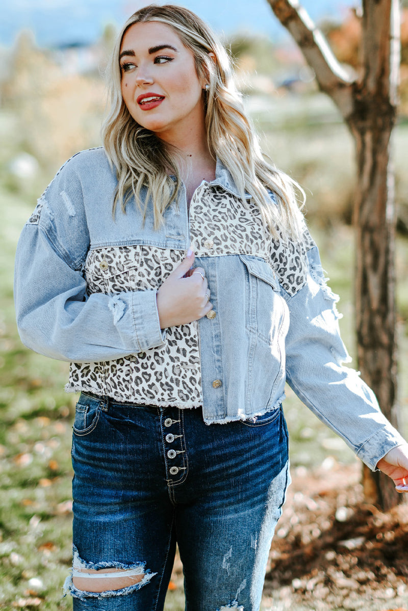 Blue Plus Size Leopard Ripped Cropped Denim Jacket