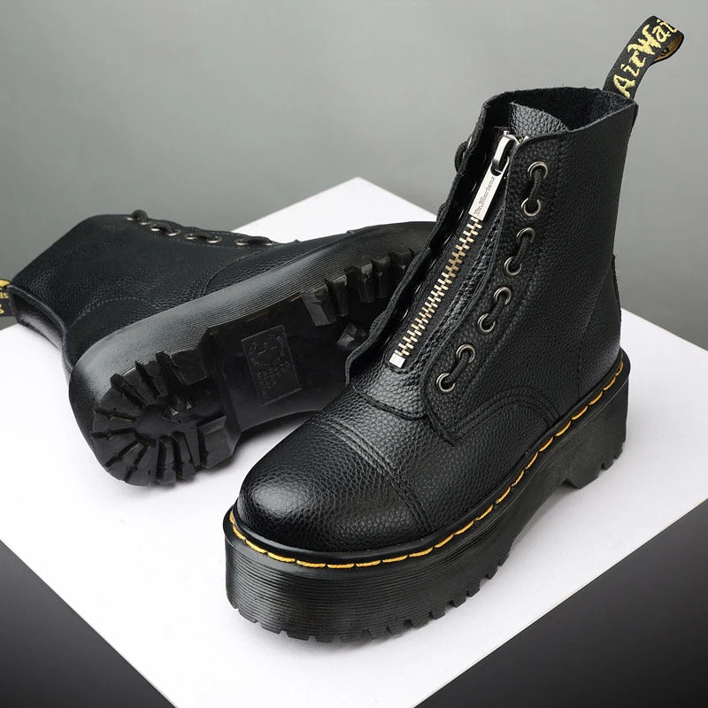 Women Boots Genuine Leather Platform Boots Motorcycle Shoes Front Zipper Optical Soles Fashion Sexy Punk Men Winter Boots 35-46