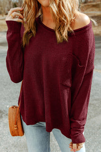 Burgundy Solid Color Off Shoulder Rib Knit Sweater with Pocket