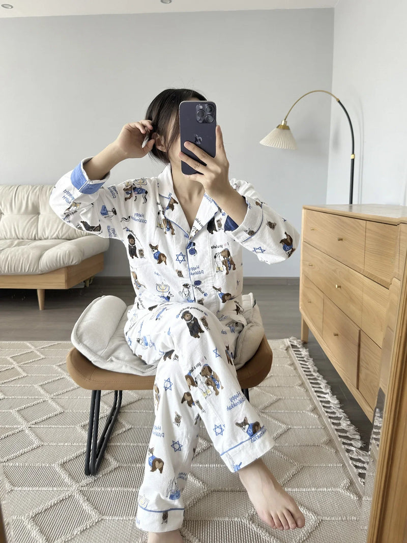 100% Cotton Pajamas for Women Loose Cartoon Long Sleeve Pants Loungewear Women 2 Piece Set Pj Women Outfit Sleepwear Set Pijamas