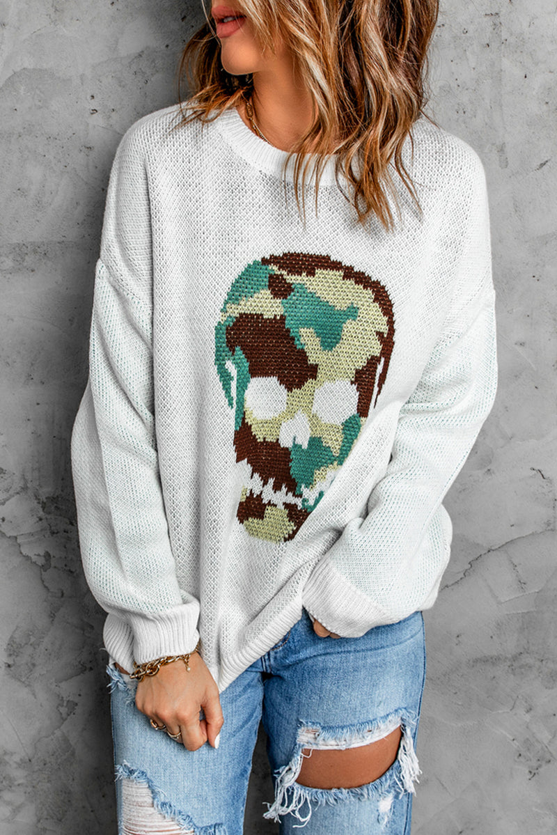 White Camo Skull Pattern Loose Knit Sweater