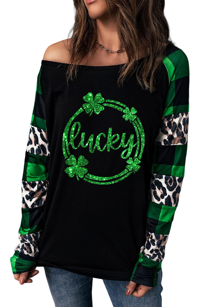 Green Lucky Clover Graphic Leopard Plaid Long Sleeve Top