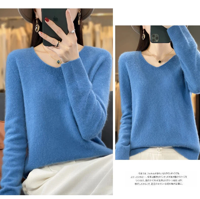 100% pure wool cashmere sweater women's V-neck pullover casual knit top autumn and winter women's coat Korean fashion