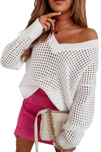 White Hollow Out Knitted Loose Fit V Neck Sweater