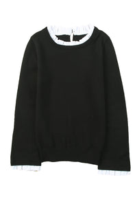 Black Solid Ruffled Crew Neck Knit Sweater