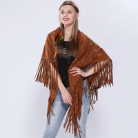 Women's Loose Suede Fringe Open Poncho Cloak Shawl Wrap with Punch Hole Patterns and Graceful Fringes Dropshipping