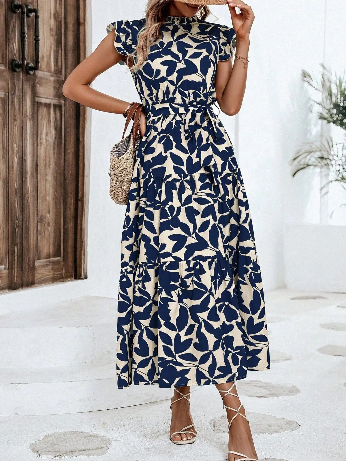 Elegant Women's Flower Midi Dress New Summer Fashion Stand Collar Flying Sleevel Lace Up Dress Casual Beach Holiday Dresses Robe