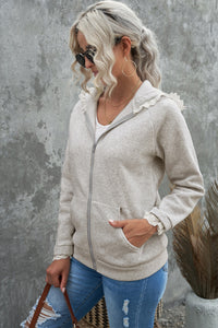 Gray Zip-up Lace Trim Hooded Coat