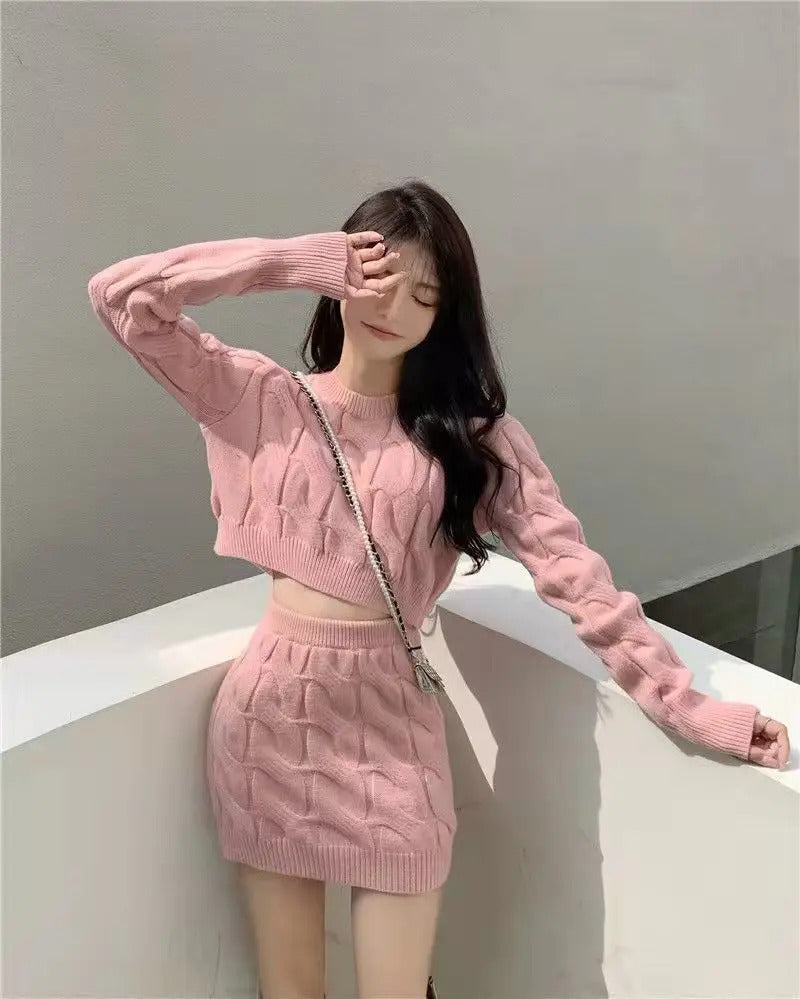 Two Piece OF Pullover Autumn/Winter Knitted Sweater Set Pure Desire Short Sweater Sexy Spicy Girl Arm Wrap Skirt Sweater Female