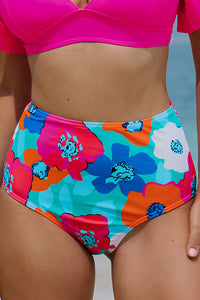 Rose Red Floral Print High Waist Bikini Bottoms