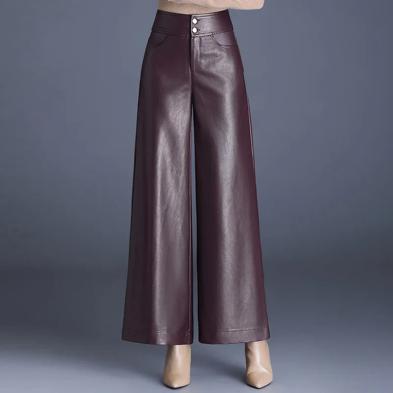 ZUZK High Quality Women PU Leather Wed Leg Pants  Autumn Winter Fashion Warm Long Leather Pants Elegant LeatherTrousers