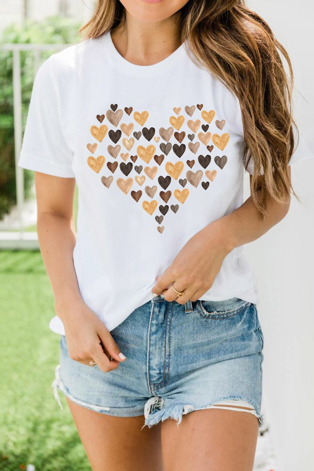 White Valentine's Day Heart Shaped Print Crew Neck Graphic Tee