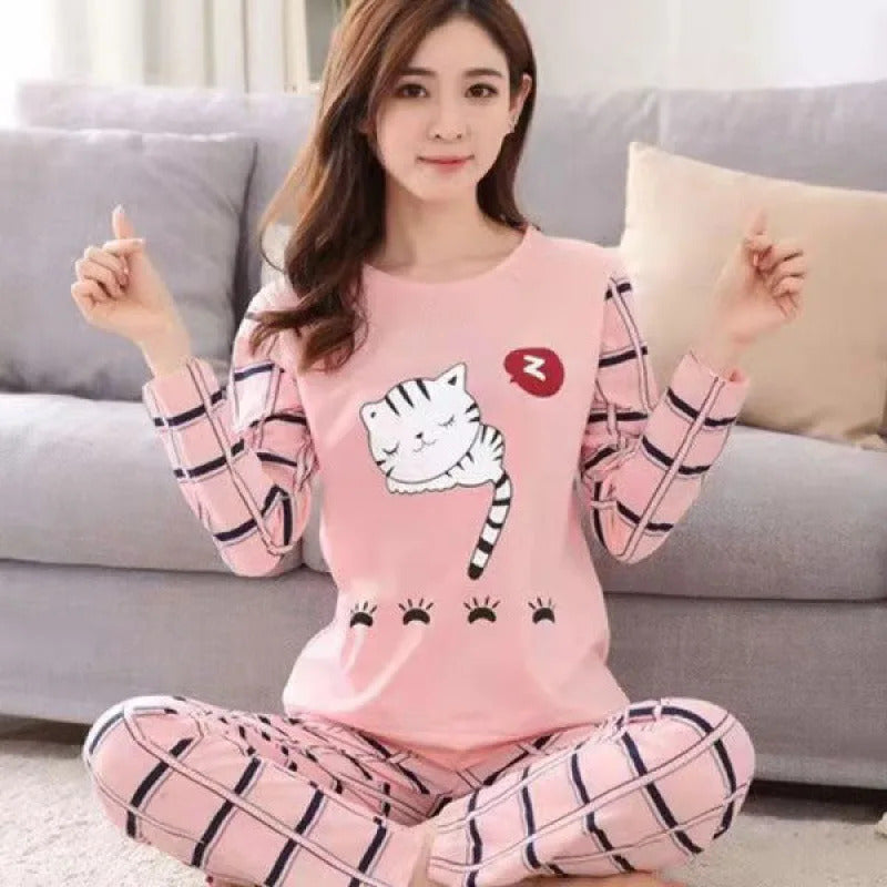 Fall and Winter Women's Suit Pajamas Long-Sleeved Long Pants Homewear Two-Piece Set Ladies Cartoon Pattern Sleepwear Loungewear