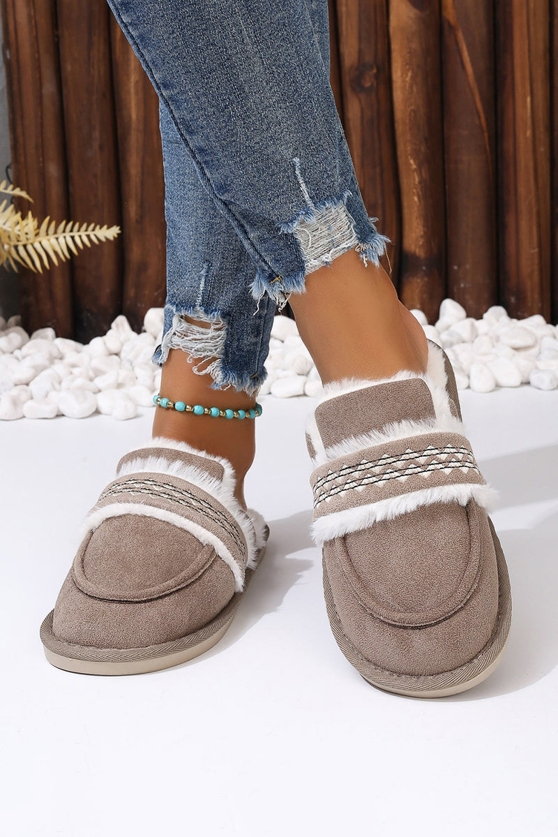 Gray Suede Wavy Striped Plush Lined Slippers