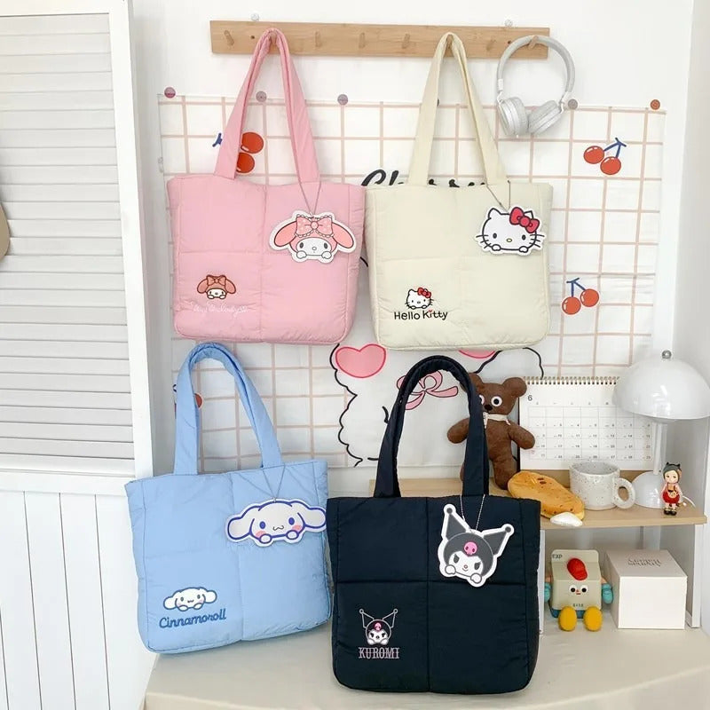 2024 New Sanrio Handbag Cartoon Cute Down Fabric Kuromi Tote Bag Shoulder Pacha Dog Cute Stationery Bag Large Capacity Handbag