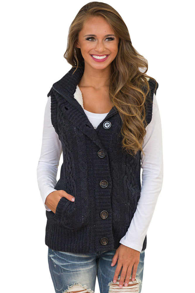 Black Cable Knit Hooded Sweater Vest