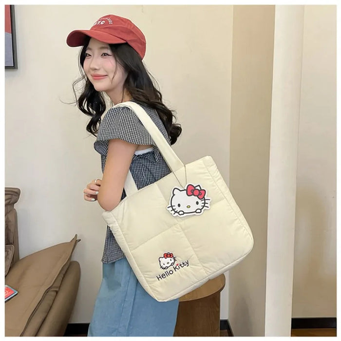 2024 New Sanrio Handbag Cartoon Cute Down Fabric Kuromi Tote Bag Shoulder Pacha Dog Cute Stationery Bag Large Capacity Handbag