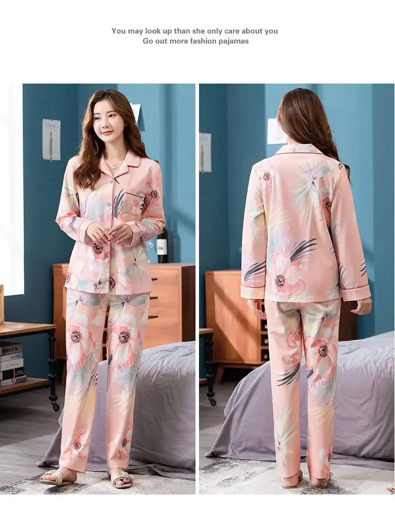 100% Cotton Long Sleeve Cardigan Pajama Set For Middle-aged Elderly Women Autumn Outer Wear Homewear