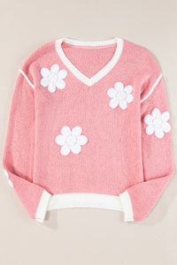 Pink Flower V Neck Dropped Shoulder Sweater