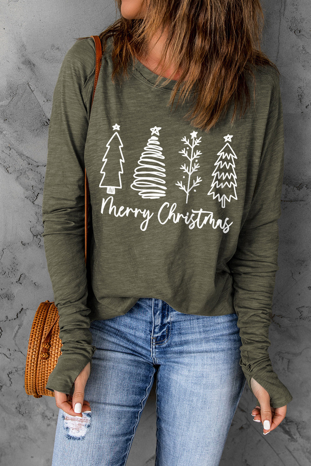 Green Merry Christmas Trees Thumbhole Sleeve Graphic Tee